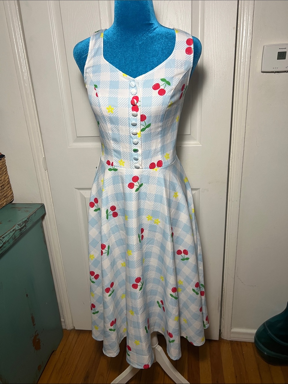 NWOT Pinup Belle Poque Gingham Cherry Midi Dress Women’s Small